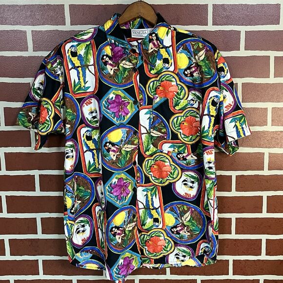 Vintage Womens 18/20 Hawaiian Tropical Button Up Short Sleeve Parrots & Ladies - Picture 1 of 7